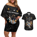 Custom Rugby Southern Hemisphere Couples Matching Off Shoulder Short Dress and Hawaiian Shirt Argentina AUNZ South Africa Mascot Black - Aussie Hoodie