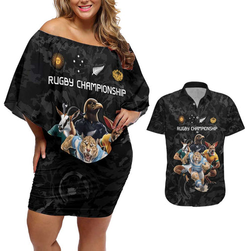 Custom Rugby Southern Hemisphere Couples Matching Off Shoulder Short Dress and Hawaiian Shirt Argentina AUNZ South Africa Mascot Black - Aussie Hoodie