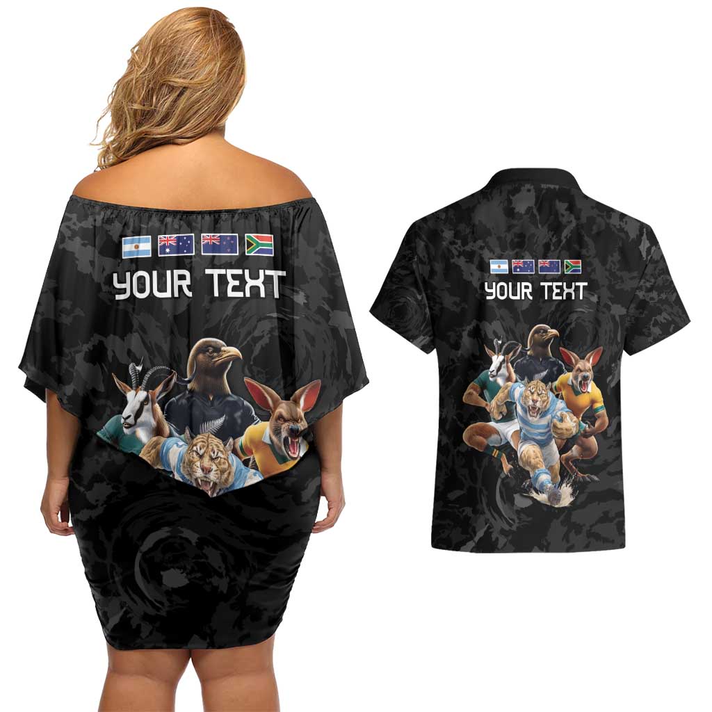 Custom Rugby Southern Hemisphere Couples Matching Off Shoulder Short Dress and Hawaiian Shirt Argentina AUNZ South Africa Mascot Black - Aussie Hoodie
