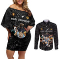 Custom Rugby Southern Hemisphere Couples Matching Off Shoulder Short Dress and Long Sleeve Button Shirt Argentina AUNZ South Africa Mascot Black - Aussie Hoodie