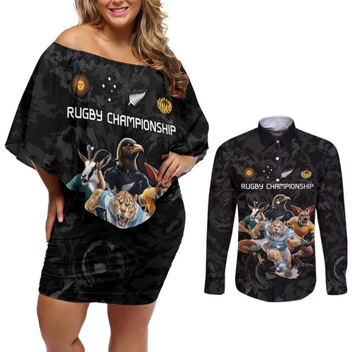 Custom Rugby Southern Hemisphere Couples Matching Off Shoulder Short Dress and Long Sleeve Button Shirt Argentina AUNZ South Africa Mascot Black - Aussie Hoodie