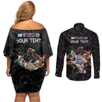 Custom Rugby Southern Hemisphere Couples Matching Off Shoulder Short Dress and Long Sleeve Button Shirt Argentina AUNZ South Africa Mascot Black - Aussie Hoodie