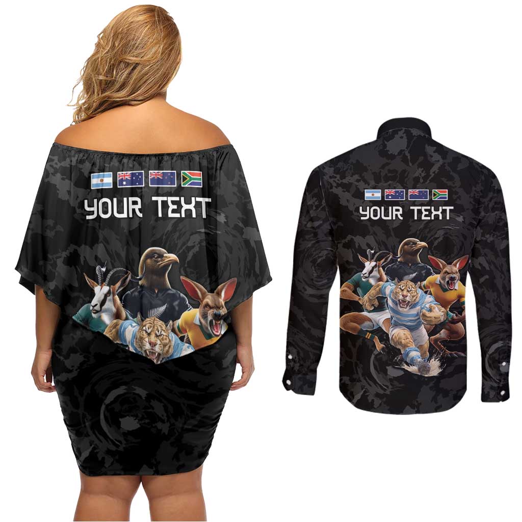Custom Rugby Southern Hemisphere Couples Matching Off Shoulder Short Dress and Long Sleeve Button Shirt Argentina AUNZ South Africa Mascot Black - Aussie Hoodie