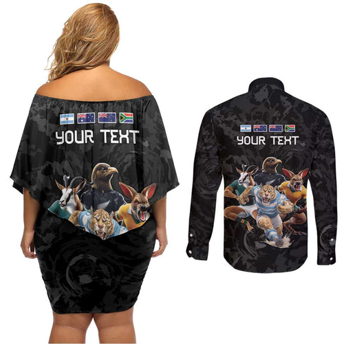 Custom Rugby Southern Hemisphere Couples Matching Off Shoulder Short Dress and Long Sleeve Button Shirt Argentina AUNZ South Africa Mascot Black - Aussie Hoodie