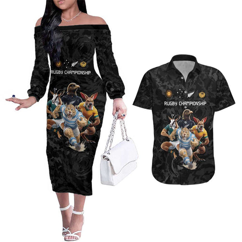 Custom Rugby Southern Hemisphere Couples Matching Off The Shoulder Long Sleeve Dress and Hawaiian Shirt Argentina AUNZ South Africa Mascot Black - Aussie Hoodie
