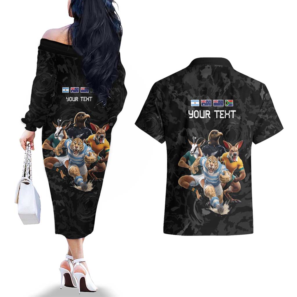 Custom Rugby Southern Hemisphere Couples Matching Off The Shoulder Long Sleeve Dress and Hawaiian Shirt Argentina AUNZ South Africa Mascot Black - Aussie Hoodie