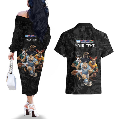 Custom Rugby Southern Hemisphere Couples Matching Off The Shoulder Long Sleeve Dress and Hawaiian Shirt Argentina AUNZ South Africa Mascot Black - Aussie Hoodie