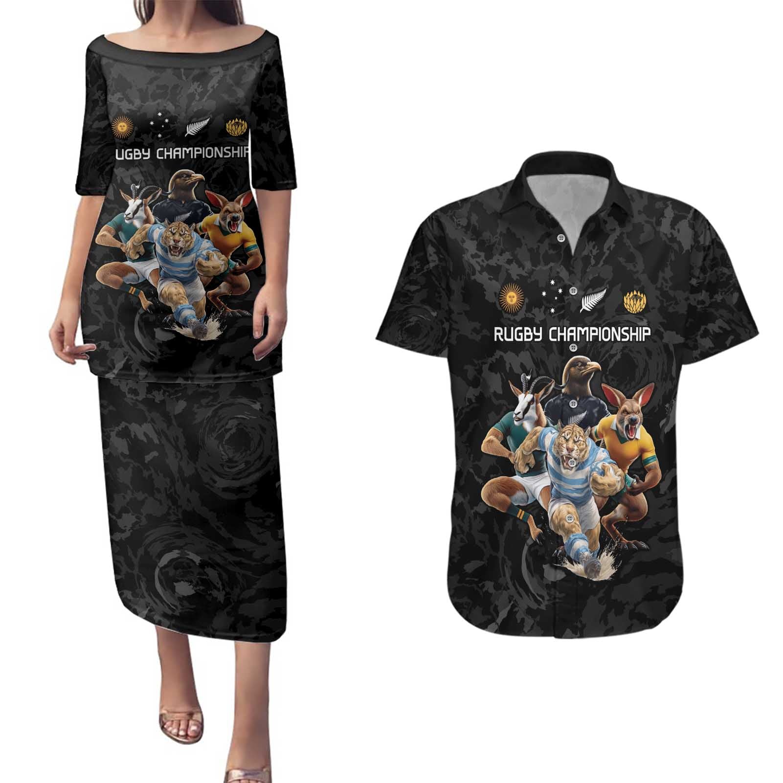Custom Rugby Southern Hemisphere Couples Matching Puletasi and Hawaiian Shirt Argentina AUNZ South Africa Mascot Black - Aussie Hoodie