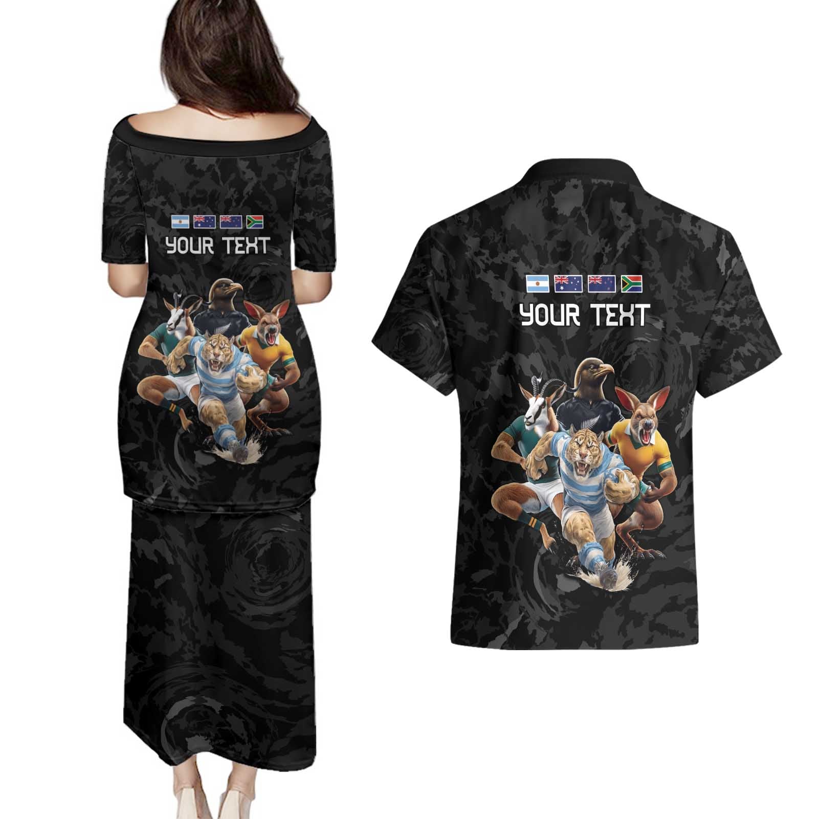 Custom Rugby Southern Hemisphere Couples Matching Puletasi and Hawaiian Shirt Argentina AUNZ South Africa Mascot Black - Aussie Hoodie