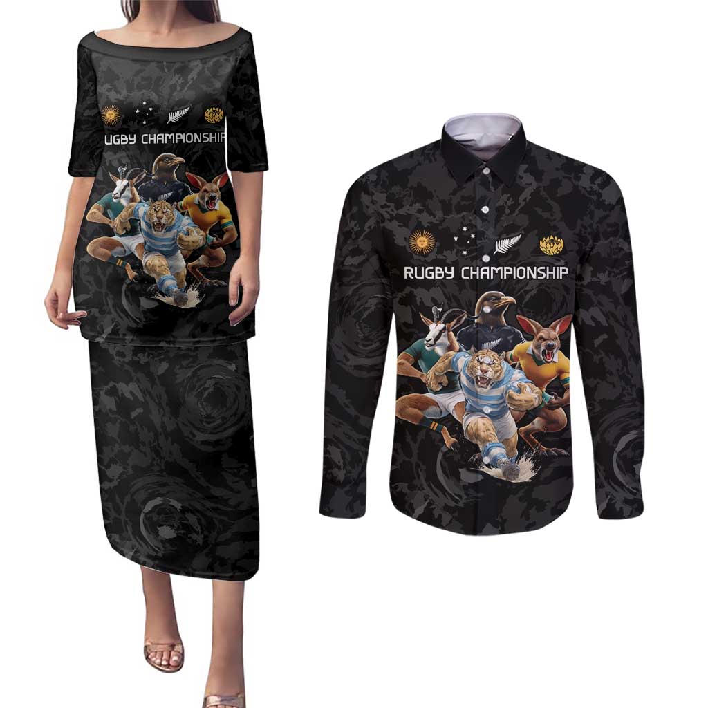 Custom Rugby Southern Hemisphere Couples Matching Puletasi and Long Sleeve Button Shirt Argentina AUNZ South Africa Mascot Black - Aussie Hoodie