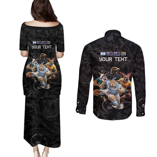 Custom Rugby Southern Hemisphere Couples Matching Puletasi and Long Sleeve Button Shirt Argentina AUNZ South Africa Mascot Black - Aussie Hoodie