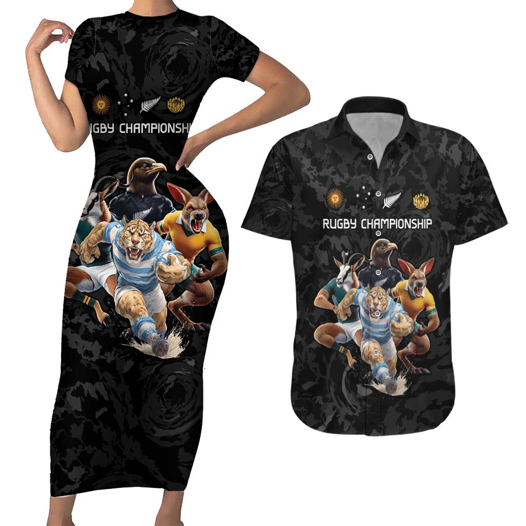 Custom Rugby Southern Hemisphere Couples Matching Short Sleeve Bodycon Dress and Hawaiian Shirt Argentina AUNZ South Africa Mascot Black - Aussie Hoodie