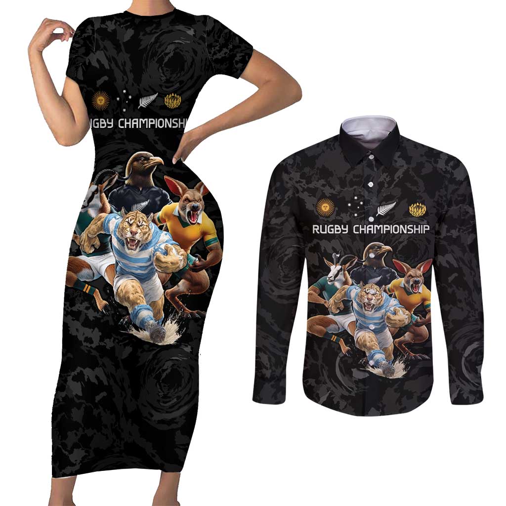 Custom Rugby Southern Hemisphere Couples Matching Short Sleeve Bodycon Dress and Long Sleeve Button Shirt Argentina AUNZ South Africa Mascot Black - Aussie Hoodie