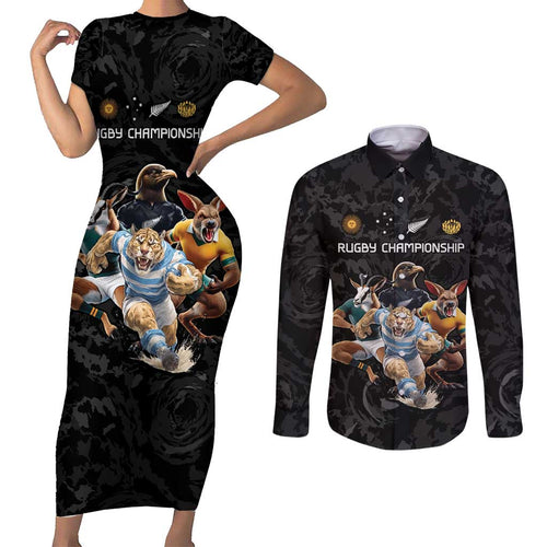 Custom Rugby Southern Hemisphere Couples Matching Short Sleeve Bodycon Dress and Long Sleeve Button Shirt Argentina AUNZ South Africa Mascot Black - Aussie Hoodie