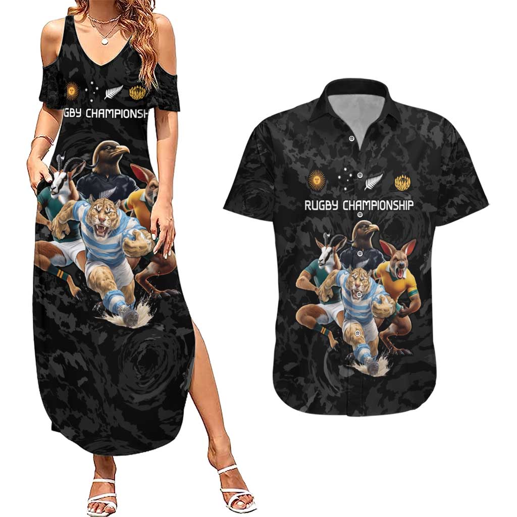 Custom Rugby Southern Hemisphere Couples Matching Summer Maxi Dress and Hawaiian Shirt Argentina AUNZ South Africa Mascot Black - Aussie Hoodie