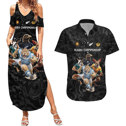 Custom Rugby Southern Hemisphere Couples Matching Summer Maxi Dress and Hawaiian Shirt Argentina AUNZ South Africa Mascot Black - Aussie Hoodie