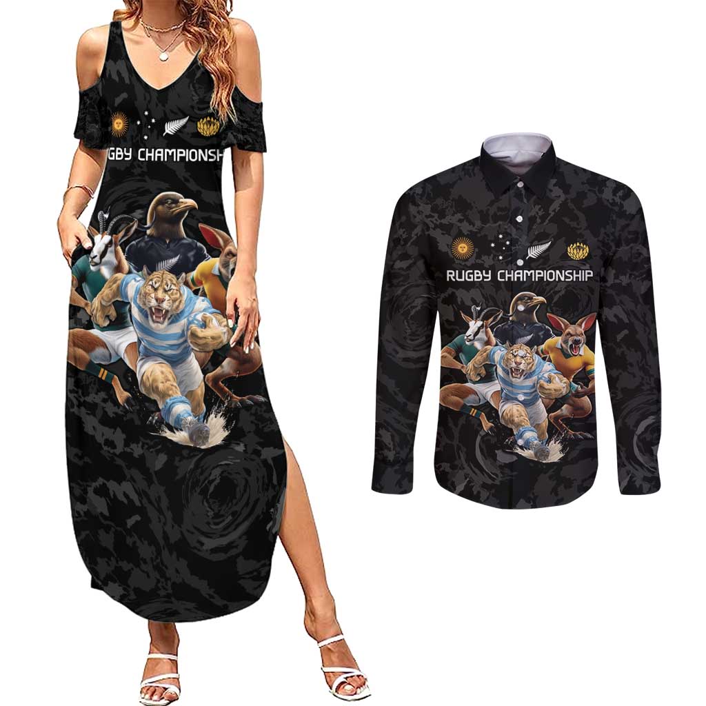 Custom Rugby Southern Hemisphere Couples Matching Summer Maxi Dress and Long Sleeve Button Shirt Argentina AUNZ South Africa Mascot Black - Aussie Hoodie