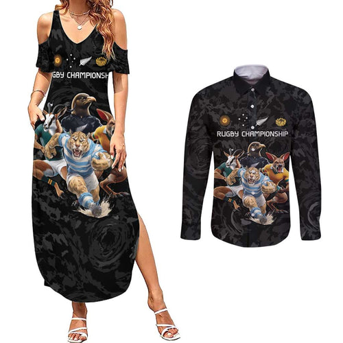 Custom Rugby Southern Hemisphere Couples Matching Summer Maxi Dress and Long Sleeve Button Shirt Argentina AUNZ South Africa Mascot Black - Aussie Hoodie