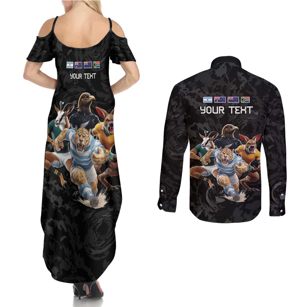 Custom Rugby Southern Hemisphere Couples Matching Summer Maxi Dress and Long Sleeve Button Shirt Argentina AUNZ South Africa Mascot Black - Aussie Hoodie