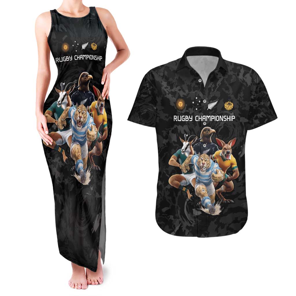 Custom Rugby Southern Hemisphere Couples Matching Tank Maxi Dress and Hawaiian Shirt Argentina AUNZ South Africa Mascot Black - Aussie Hoodie