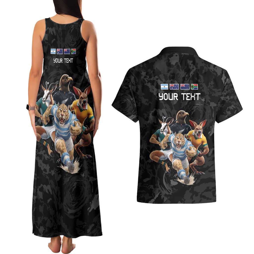 Custom Rugby Southern Hemisphere Couples Matching Tank Maxi Dress and Hawaiian Shirt Argentina AUNZ South Africa Mascot Black - Aussie Hoodie