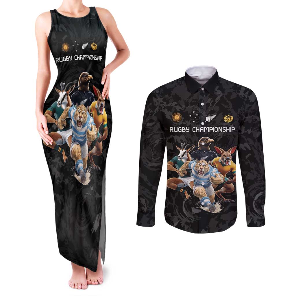 Custom Rugby Southern Hemisphere Couples Matching Tank Maxi Dress and Long Sleeve Button Shirt Argentina AUNZ South Africa Mascot Black - Aussie Hoodie