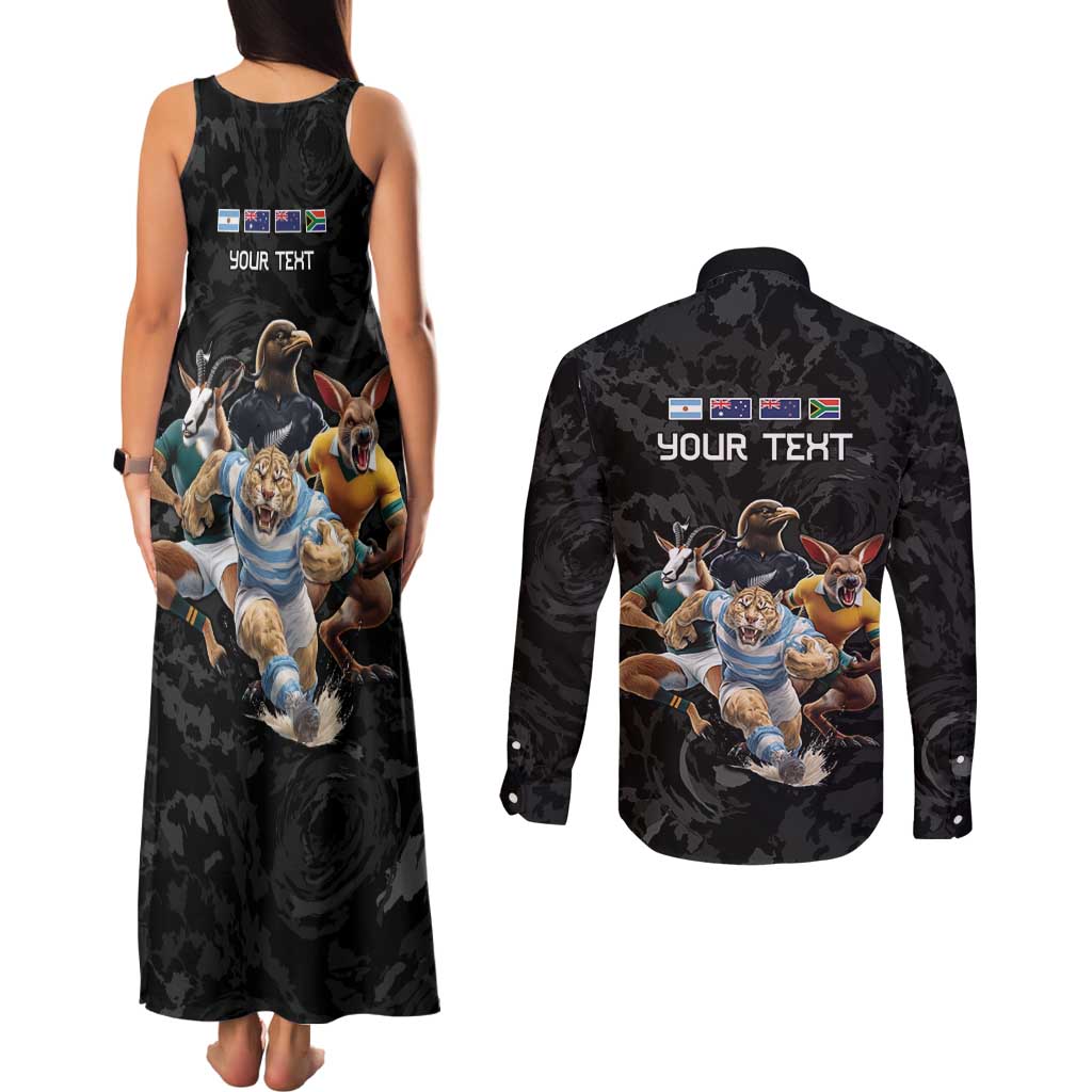 Custom Rugby Southern Hemisphere Couples Matching Tank Maxi Dress and Long Sleeve Button Shirt Argentina AUNZ South Africa Mascot Black - Aussie Hoodie