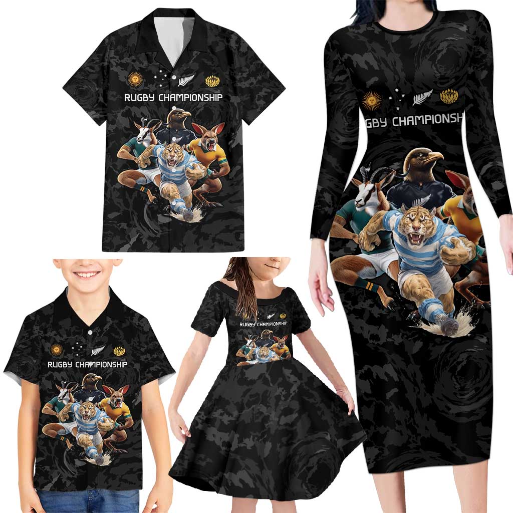 Custom Rugby Southern Hemisphere Family Matching Long Sleeve Bodycon Dress and Hawaiian Shirt Argentina AUNZ South Africa Mascot Black - Aussie Hoodie