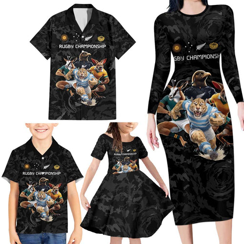 Custom Rugby Southern Hemisphere Family Matching Long Sleeve Bodycon Dress and Hawaiian Shirt Argentina AUNZ South Africa Mascot Black - Aussie Hoodie