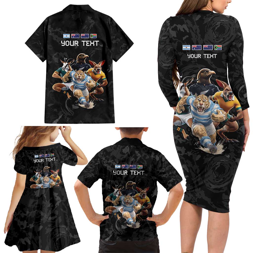 Custom Rugby Southern Hemisphere Family Matching Long Sleeve Bodycon Dress and Hawaiian Shirt Argentina AUNZ South Africa Mascot Black - Aussie Hoodie
