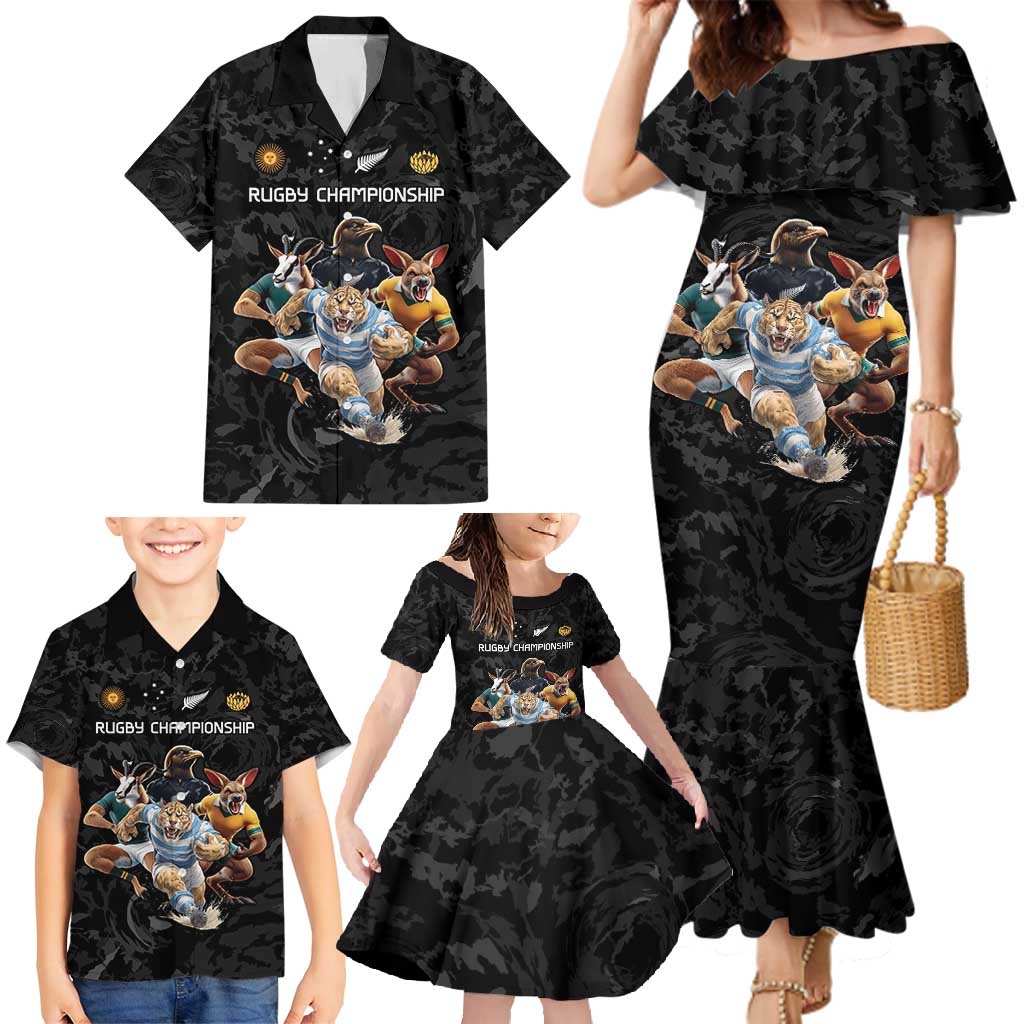 Custom Rugby Southern Hemisphere Family Matching Mermaid Dress and Hawaiian Shirt Argentina AUNZ South Africa Mascot Black - Aussie Hoodie