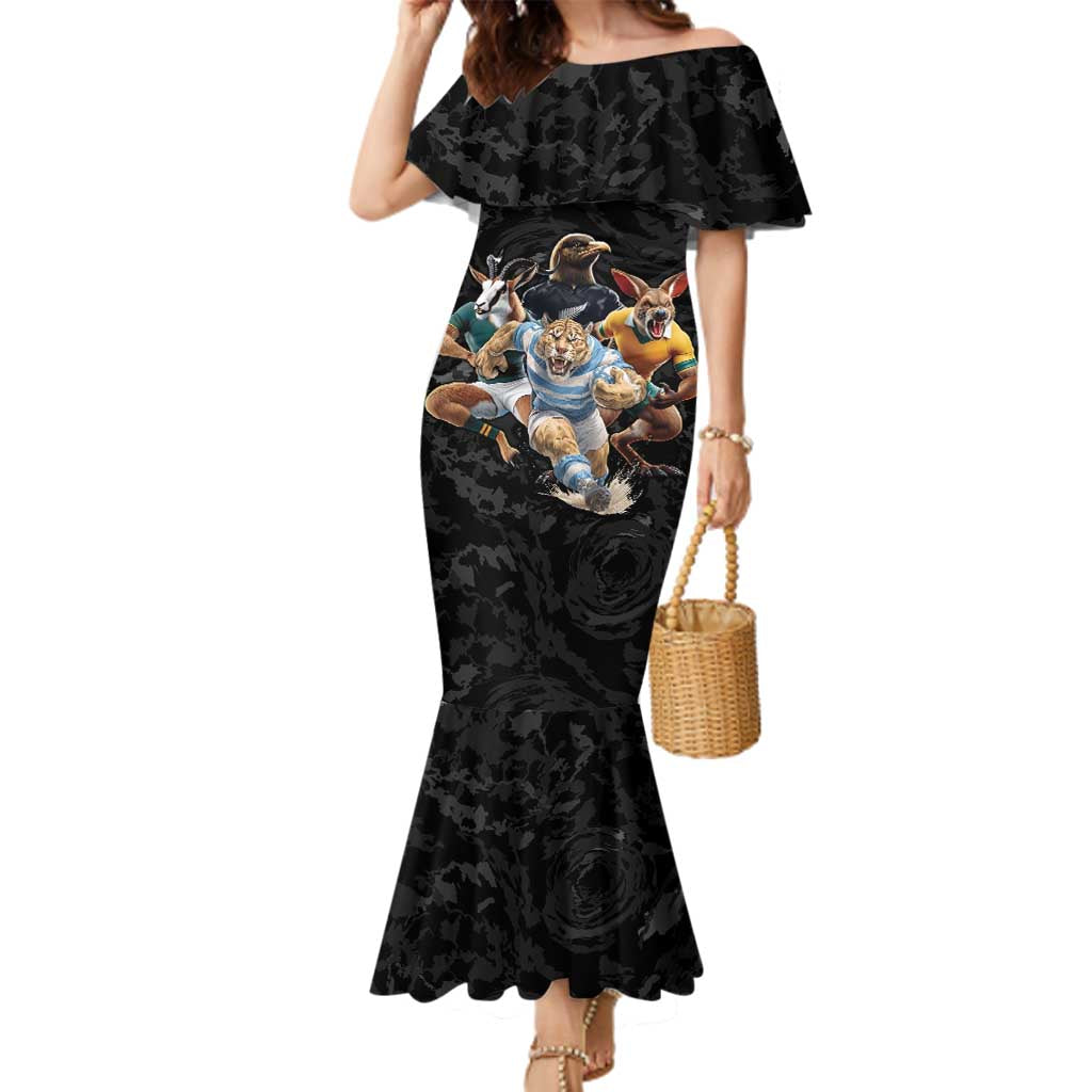 Custom Rugby Southern Hemisphere Family Matching Mermaid Dress and Hawaiian Shirt Argentina AUNZ South Africa Mascot Black - Aussie Hoodie