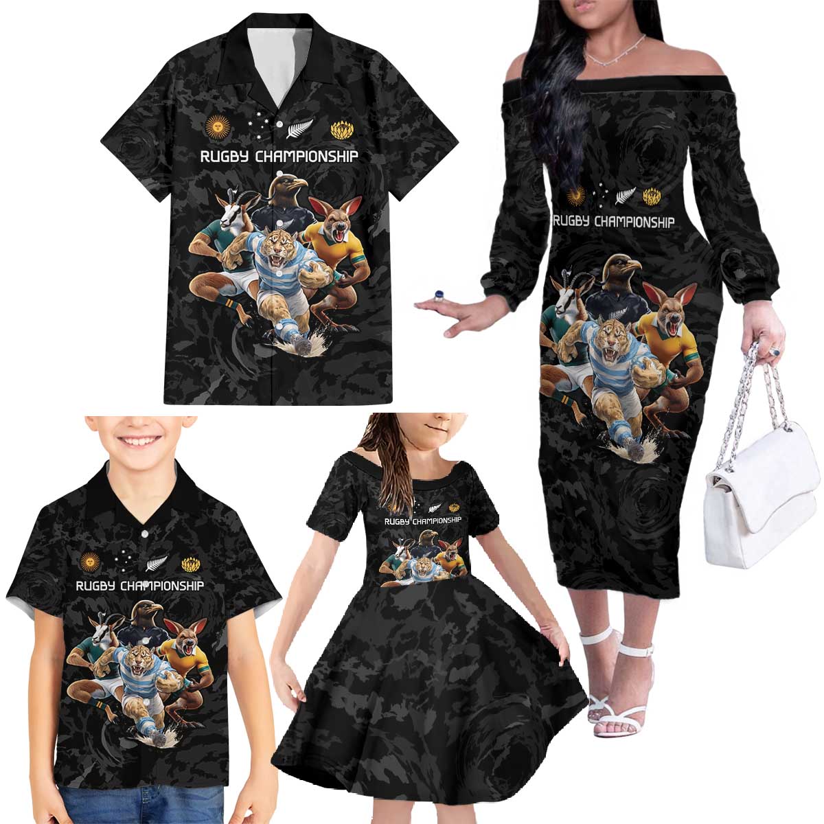 Custom Rugby Southern Hemisphere Family Matching Off The Shoulder Long Sleeve Dress and Hawaiian Shirt Argentina AUNZ South Africa Mascot Black - Aussie Hoodie