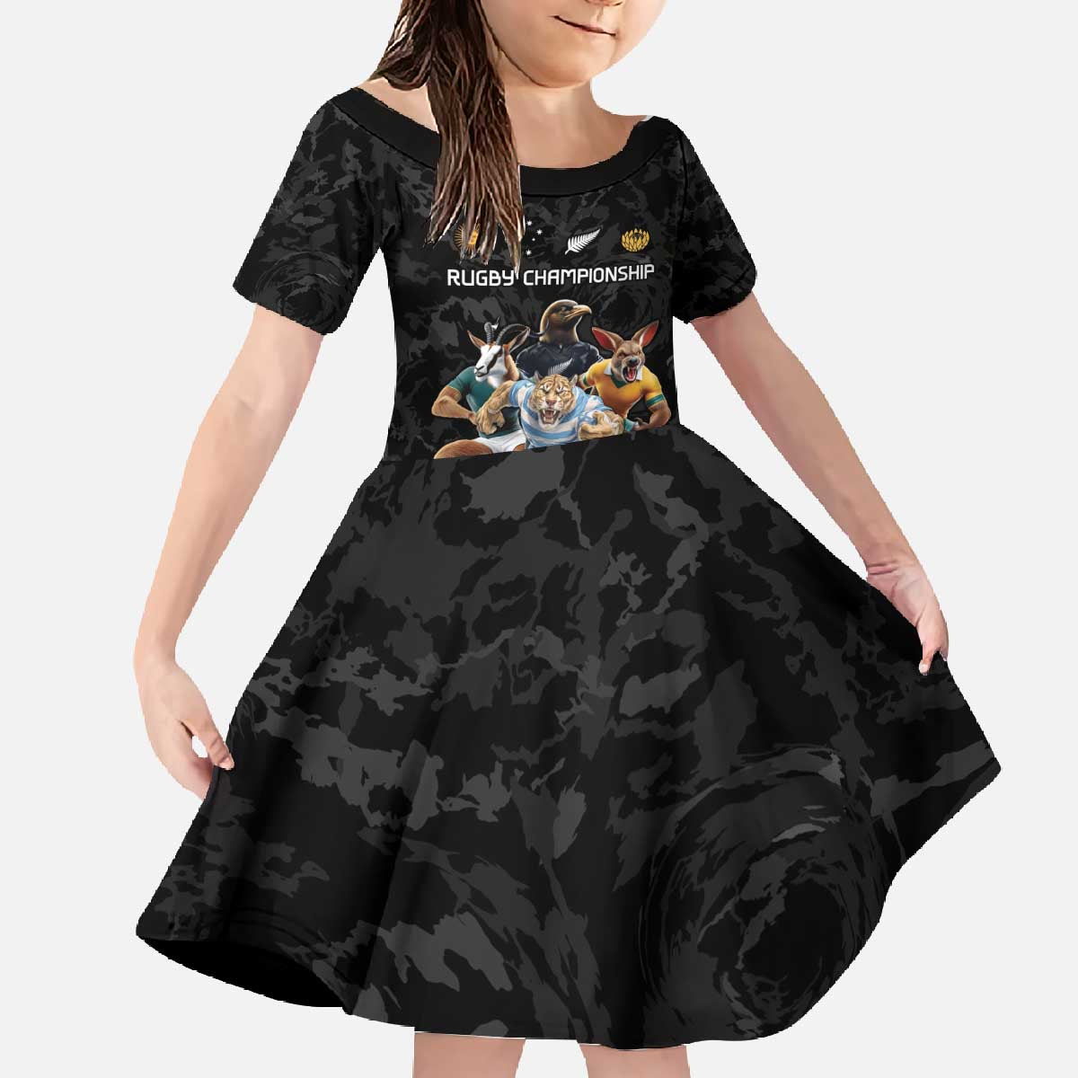 Custom Rugby Southern Hemisphere Family Matching Off The Shoulder Long Sleeve Dress and Hawaiian Shirt Argentina AUNZ South Africa Mascot Black - Aussie Hoodie