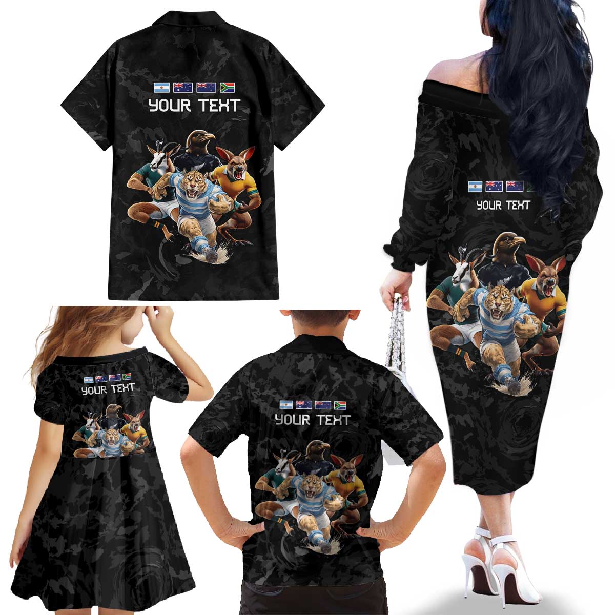 Custom Rugby Southern Hemisphere Family Matching Off The Shoulder Long Sleeve Dress and Hawaiian Shirt Argentina AUNZ South Africa Mascot Black - Aussie Hoodie