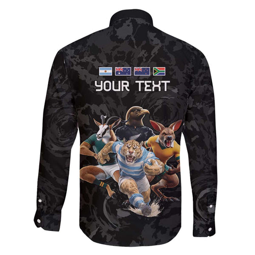 Custom Rugby Southern Hemisphere Family Matching Off The Shoulder Long Sleeve Dress and Hawaiian Shirt Argentina AUNZ South Africa Mascot Black - Aussie Hoodie