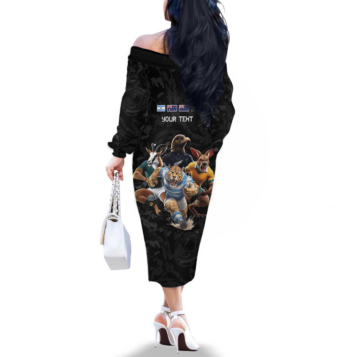 Custom Rugby Southern Hemisphere Family Matching Off The Shoulder Long Sleeve Dress and Hawaiian Shirt Argentina AUNZ South Africa Mascot Black - Aussie Hoodie