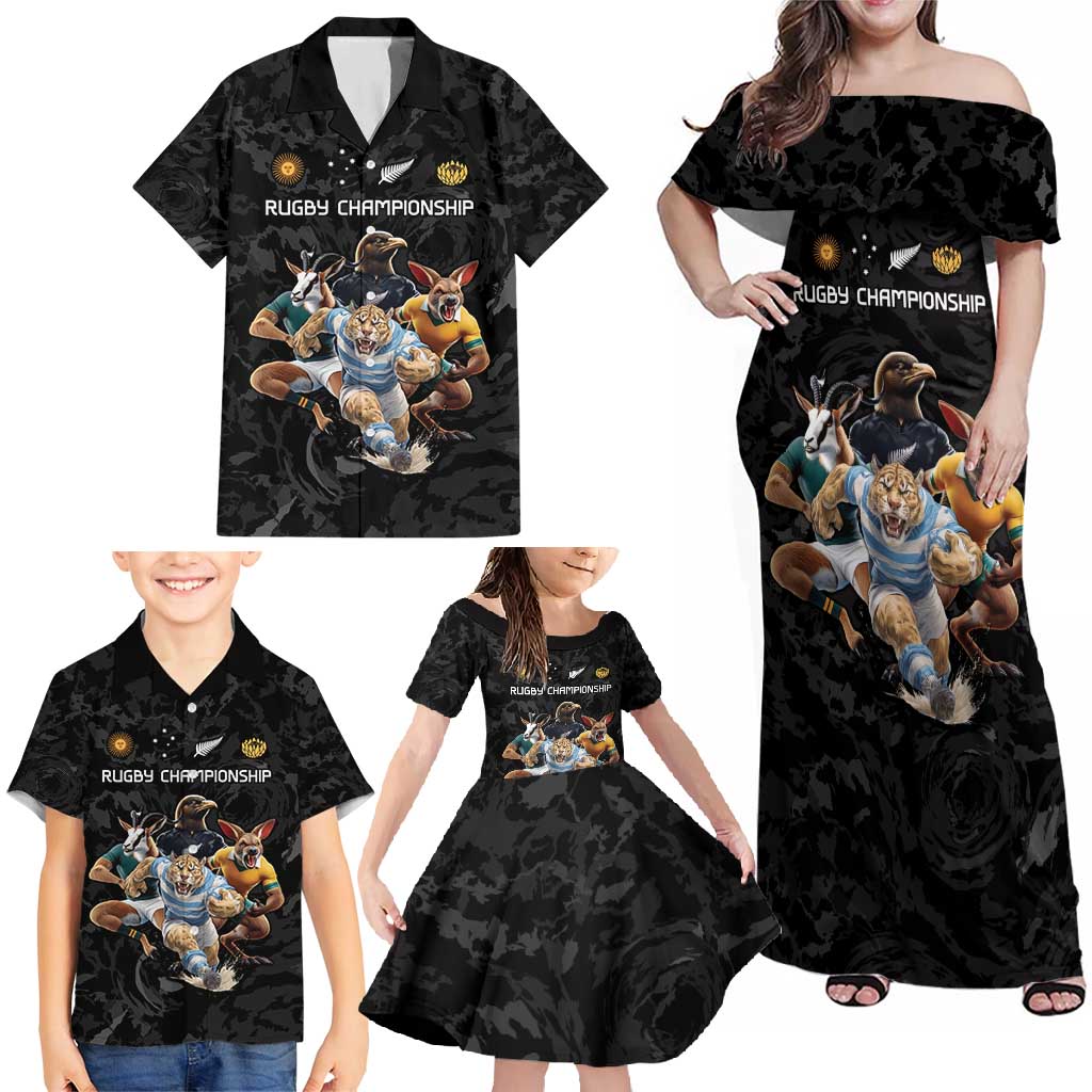 Custom Rugby Southern Hemisphere Family Matching Off Shoulder Maxi Dress and Hawaiian Shirt Argentina AUNZ South Africa Mascot Black - Aussie Hoodie