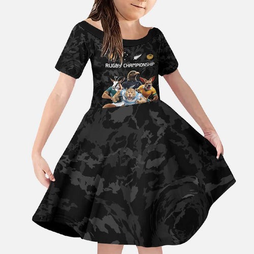 Custom Rugby Southern Hemisphere Family Matching Off Shoulder Maxi Dress and Hawaiian Shirt Argentina AUNZ South Africa Mascot Black - Aussie Hoodie