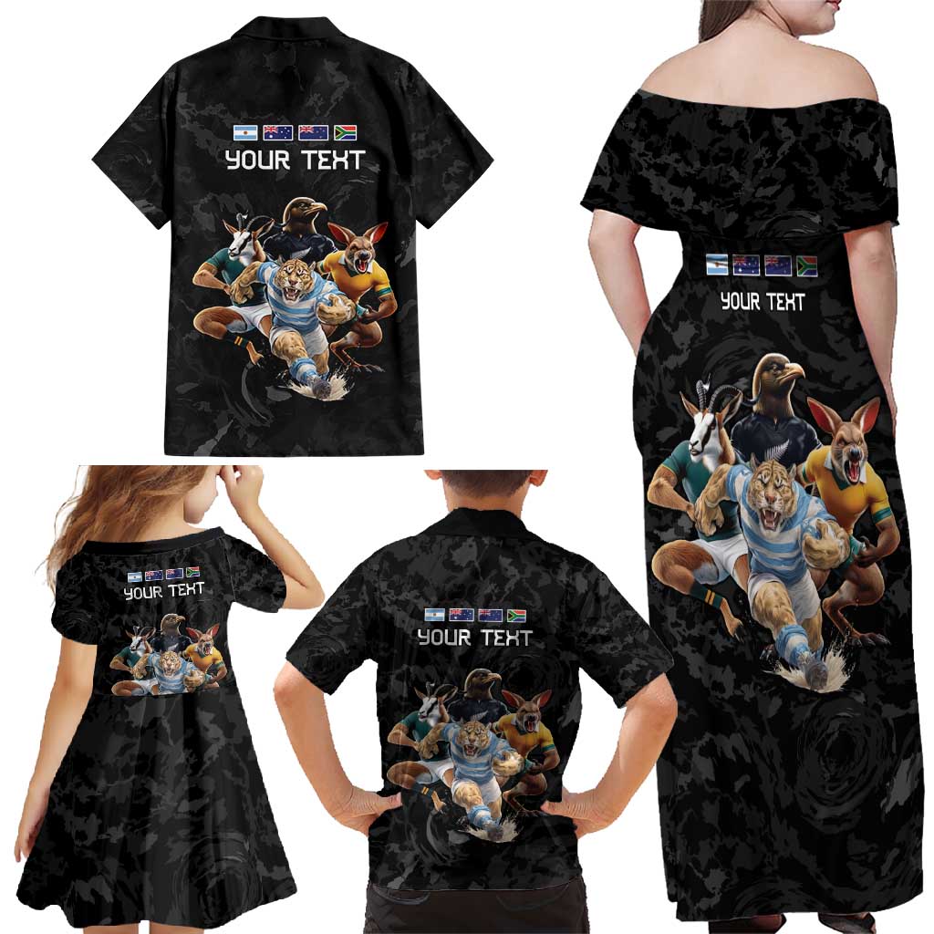 Custom Rugby Southern Hemisphere Family Matching Off Shoulder Maxi Dress and Hawaiian Shirt Argentina AUNZ South Africa Mascot Black - Aussie Hoodie