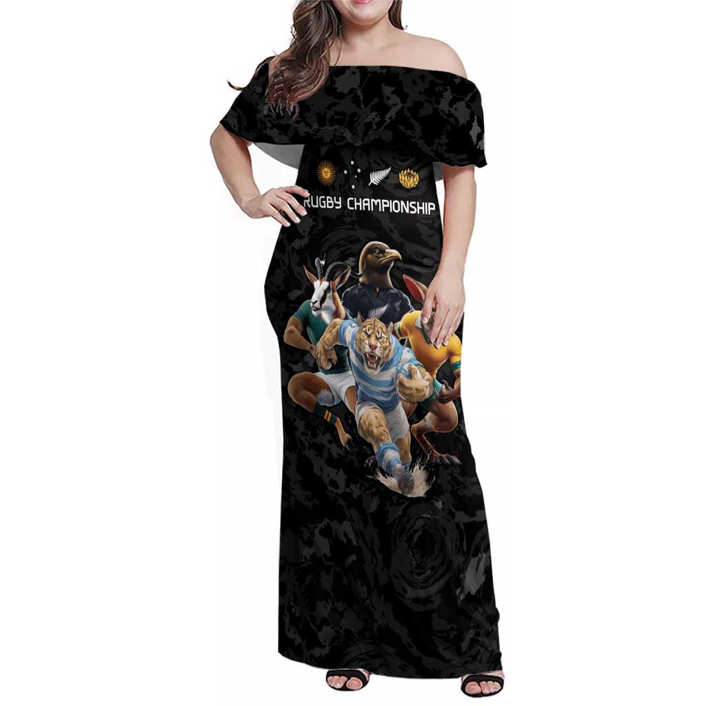Custom Rugby Southern Hemisphere Family Matching Off Shoulder Maxi Dress and Hawaiian Shirt Argentina AUNZ South Africa Mascot Black - Aussie Hoodie