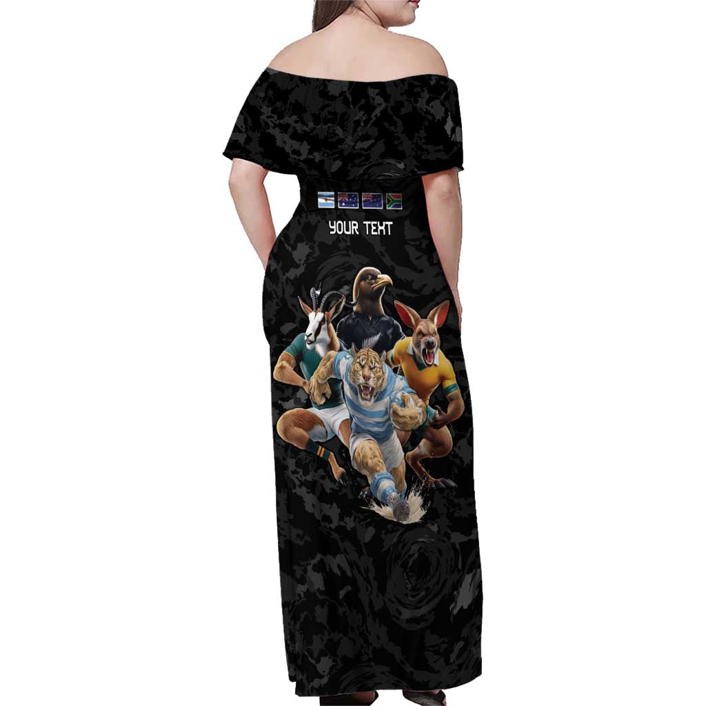 Custom Rugby Southern Hemisphere Family Matching Off Shoulder Maxi Dress and Hawaiian Shirt Argentina AUNZ South Africa Mascot Black - Aussie Hoodie