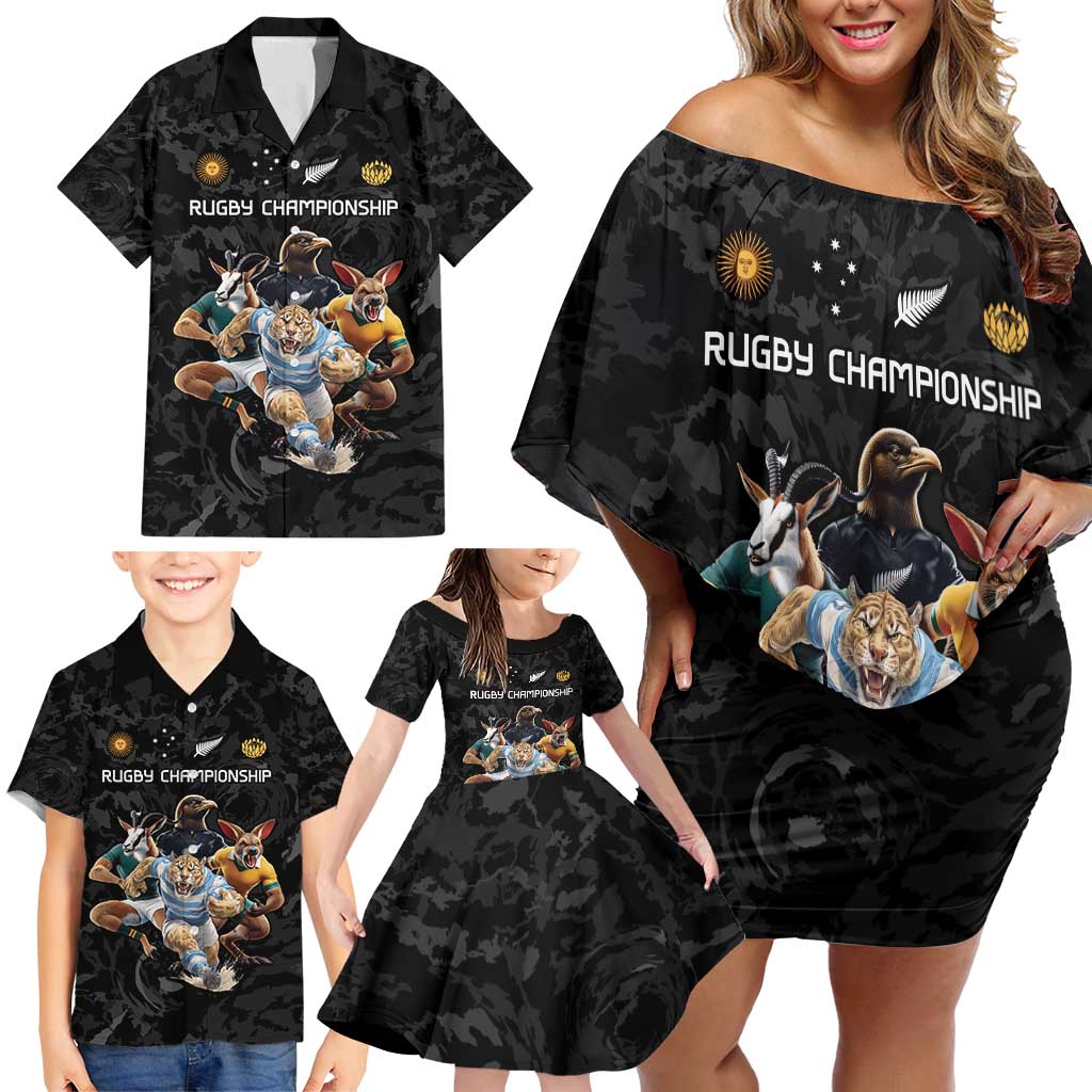 Custom Rugby Southern Hemisphere Family Matching Off Shoulder Short Dress and Hawaiian Shirt Argentina AUNZ South Africa Mascot Black - Aussie Hoodie