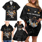 Custom Rugby Southern Hemisphere Family Matching Off Shoulder Short Dress and Hawaiian Shirt Argentina AUNZ South Africa Mascot Black - Aussie Hoodie