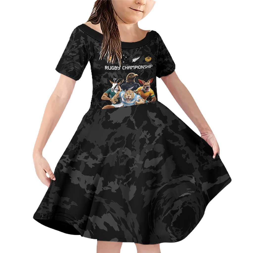 Custom Rugby Southern Hemisphere Family Matching Off Shoulder Short Dress and Hawaiian Shirt Argentina AUNZ South Africa Mascot Black - Aussie Hoodie