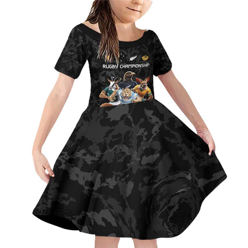 Custom Rugby Southern Hemisphere Family Matching Off Shoulder Short Dress and Hawaiian Shirt Argentina AUNZ South Africa Mascot Black - Aussie Hoodie