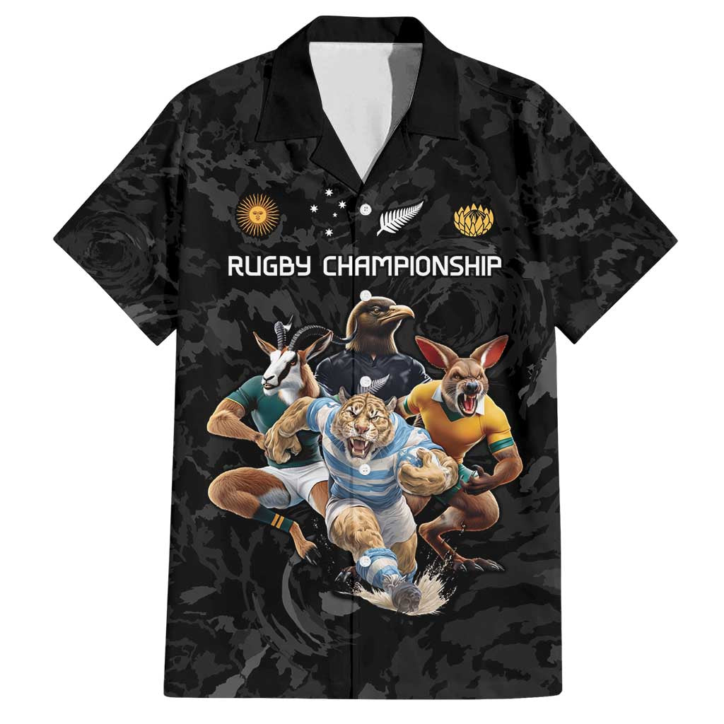 Custom Rugby Southern Hemisphere Family Matching Off Shoulder Short Dress and Hawaiian Shirt Argentina AUNZ South Africa Mascot Black - Aussie Hoodie