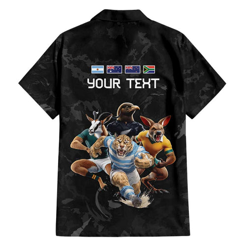Custom Rugby Southern Hemisphere Family Matching Off Shoulder Short Dress and Hawaiian Shirt Argentina AUNZ South Africa Mascot Black - Aussie Hoodie