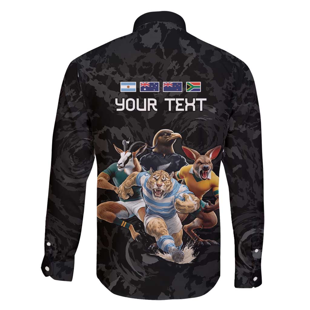 Custom Rugby Southern Hemisphere Family Matching Off Shoulder Short Dress and Hawaiian Shirt Argentina AUNZ South Africa Mascot Black - Aussie Hoodie