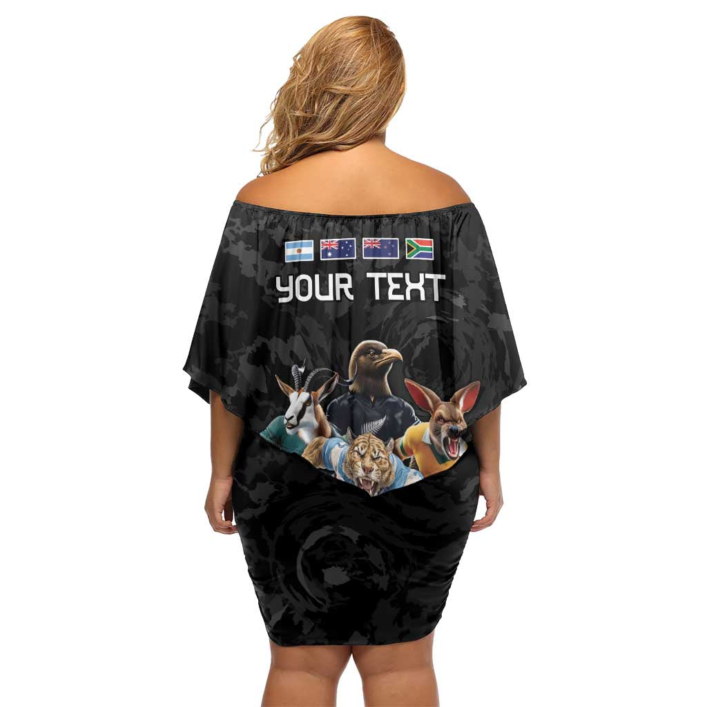 Custom Rugby Southern Hemisphere Family Matching Off Shoulder Short Dress and Hawaiian Shirt Argentina AUNZ South Africa Mascot Black - Aussie Hoodie